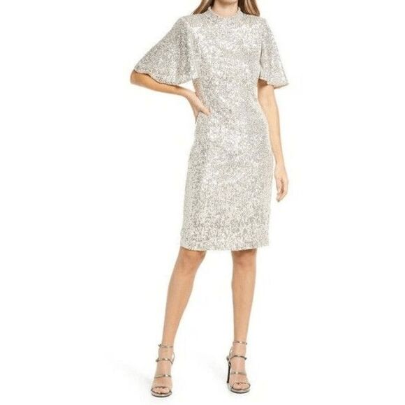 ✨ ELIZA J Silver Sequin Sheath Flutter Sleeve Mock Neck Dress SIZE 12 $168 NWT - Picture 4 of 16